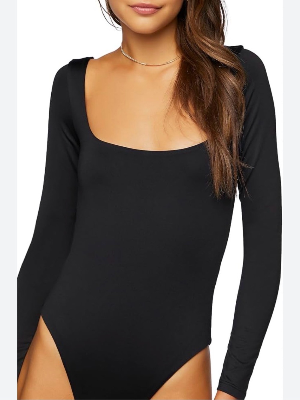 Forever 21 Black Long-Sleeve Square Neck Bodysuit